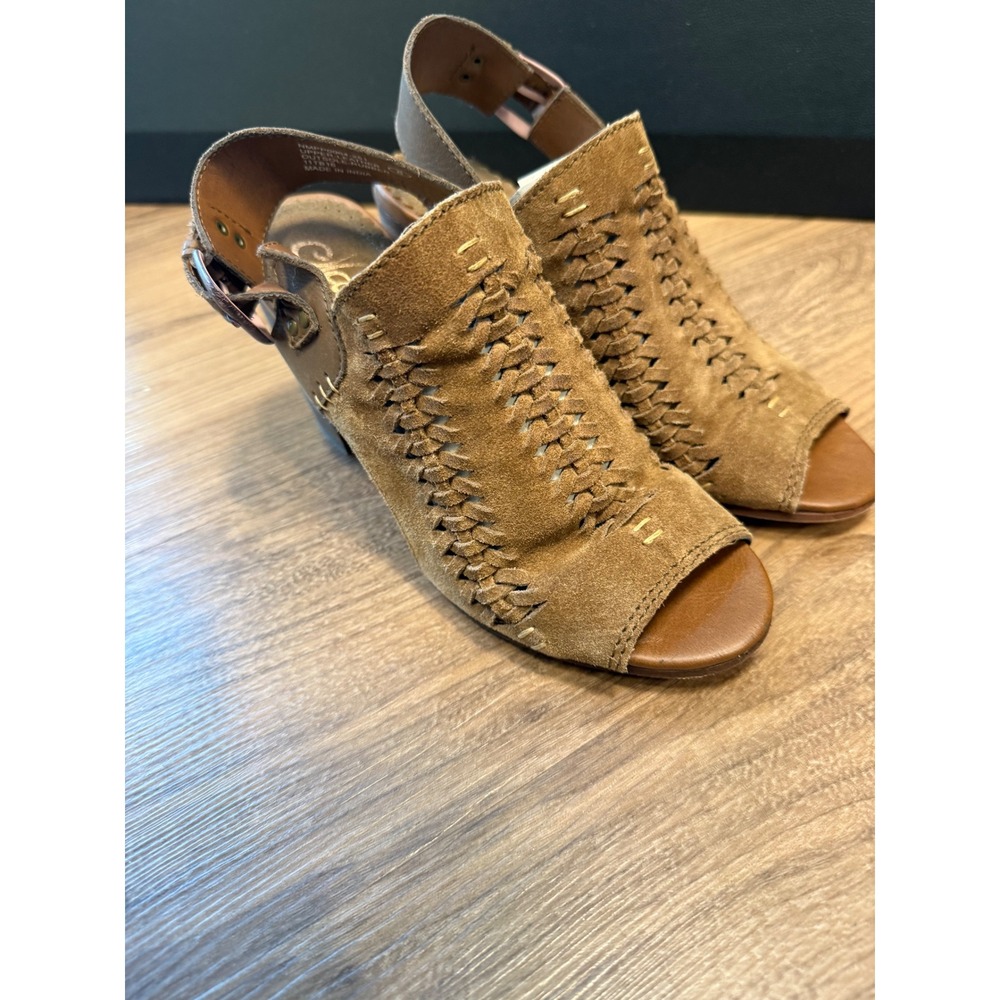 Naughty Monkey Tan Suede Woven Block Heel Sandals Slingback Peep Toe Size 6